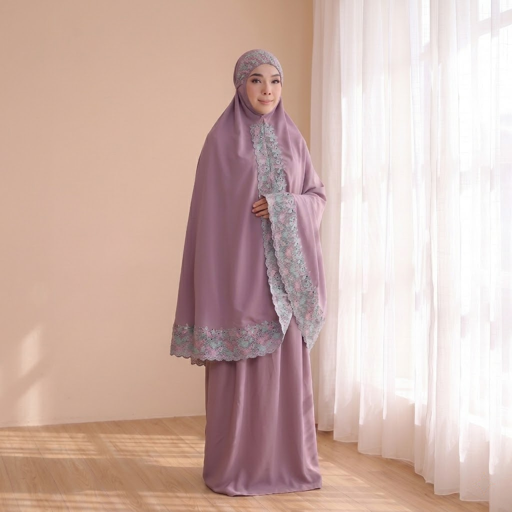 Cotton Embroidery Telekung with bag